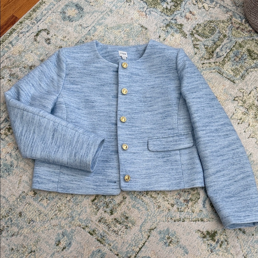 J. Crew Sky Blue tweed lady jacket with Gold Buttons